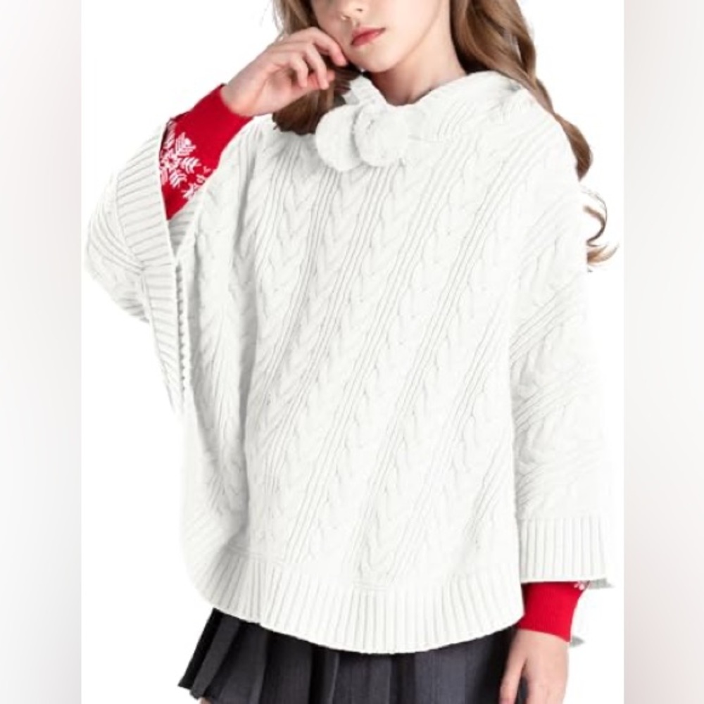 Cape‎ Girls Hooded Cable Knit Poncho Sweaters Kids Shawl Sweater Pullover 5/6Y